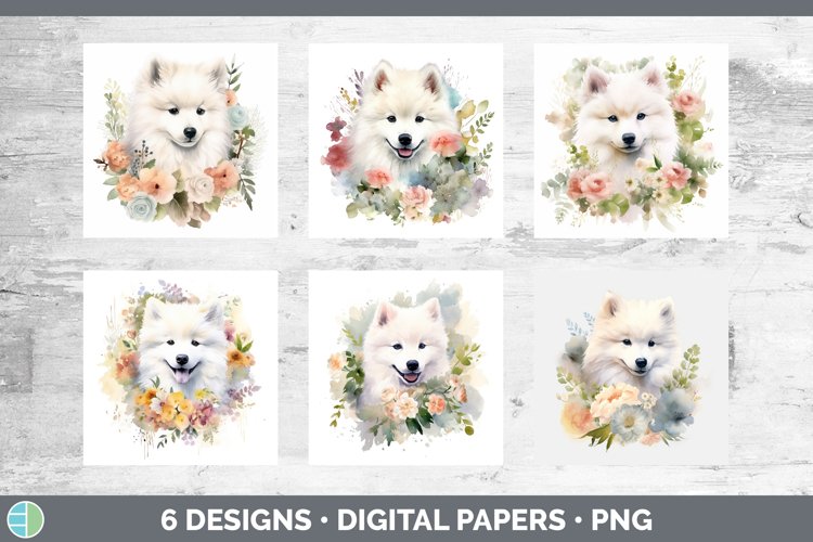 Watercolor Samoyed Dog Paper Backgrounds | Digital Scrapbook