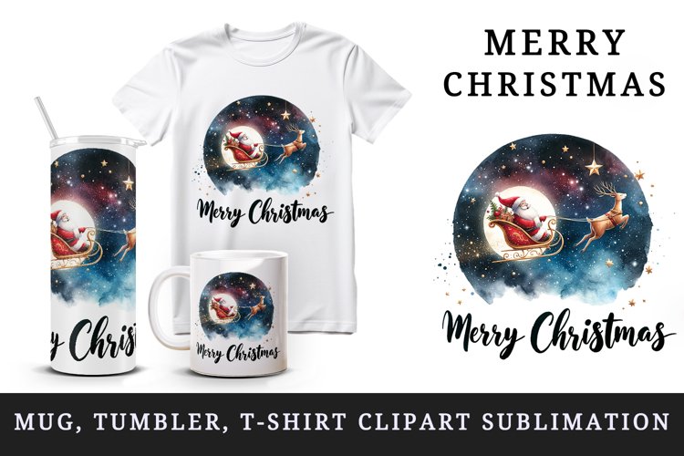 Watercolor Santa Claus flying sleigh starry sky Merry Christmas quote print 20 oz tumbler skinny mug wrap clipart t-shirt sublimation printable design