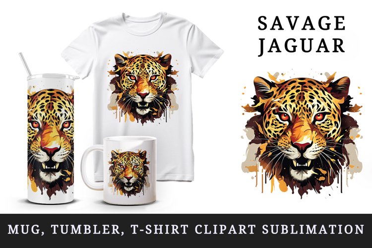 Watercolor Savage Jaguar leopard flowers cheetah Africa wild animal print 20 oz tumbler skinny mug wrap clipart t-shirt sublimation printable design