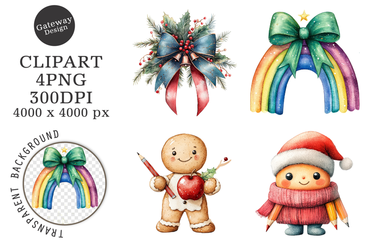 Watercolor schoo christmas clipart
