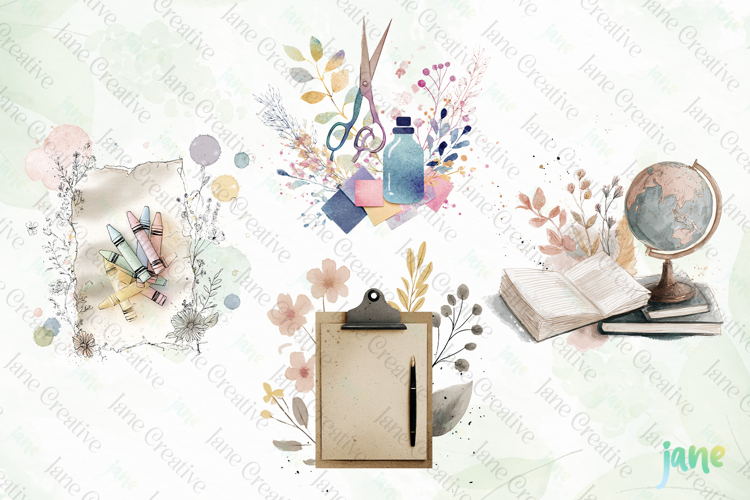 Watercolor School Elements Clipart