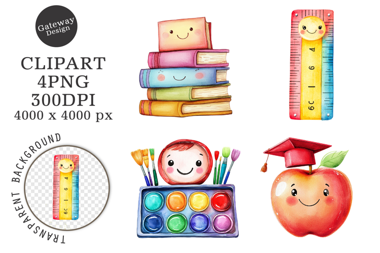 Watercolor School Supplies Clipart