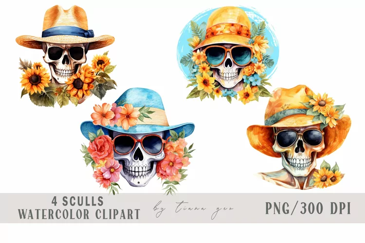 Sunflower fall skull with flower bouquet clipart- 4png files