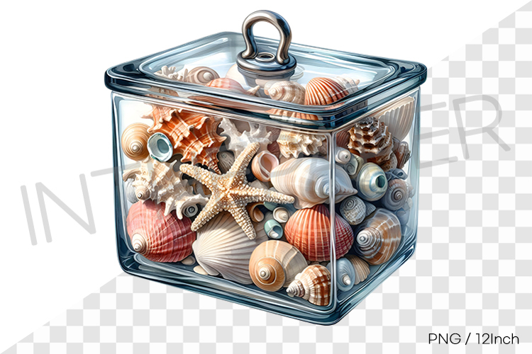 Starfish shell in rectangular glass lid bottle PNG summer