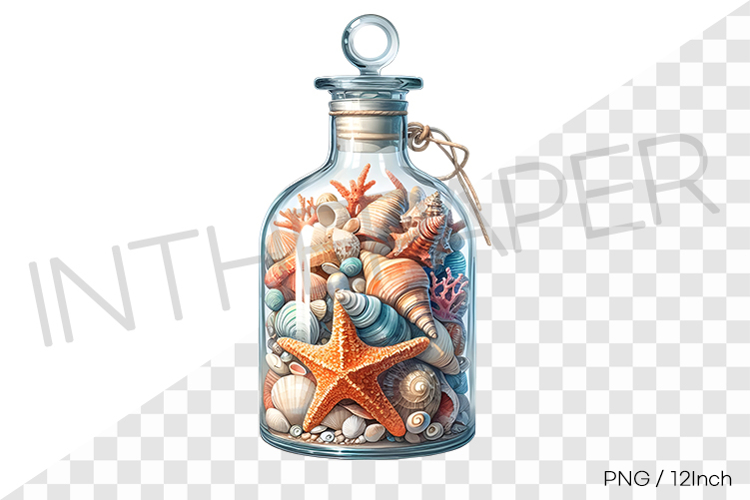 Dense shell and conch in small glass lid bottle PNG summer