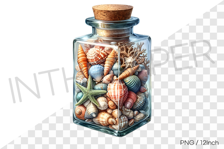 Colorful shell and conch in column cork bottle PNG summer