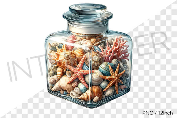Fancy coral and shell in diamond glass lid bottle PNG summer
