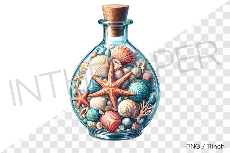 Blue shell and starfish in flask cork bottle PNG summer Art