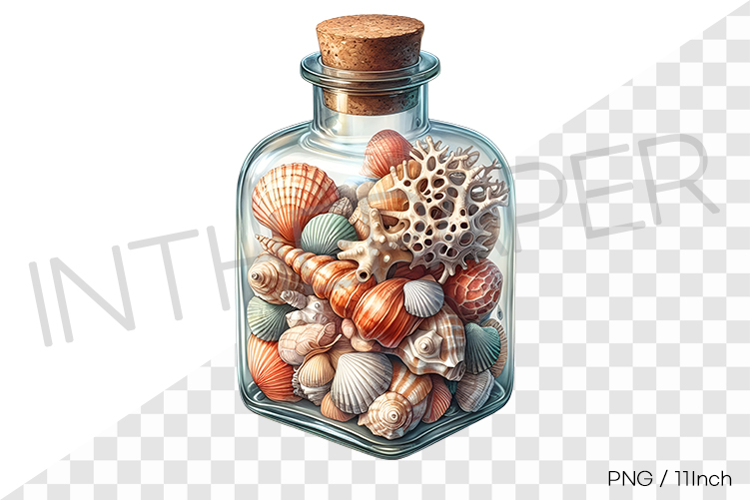 Pastel shell and conch in standard cork bottle PNG summer