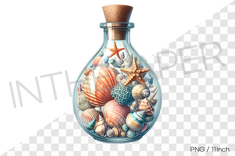 Orange starfish and shell in teardrop cork bottle PNG summer