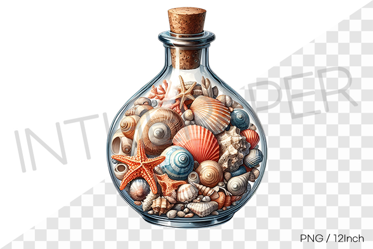 Loaded shell and conch in round base cork bottle PNG summer