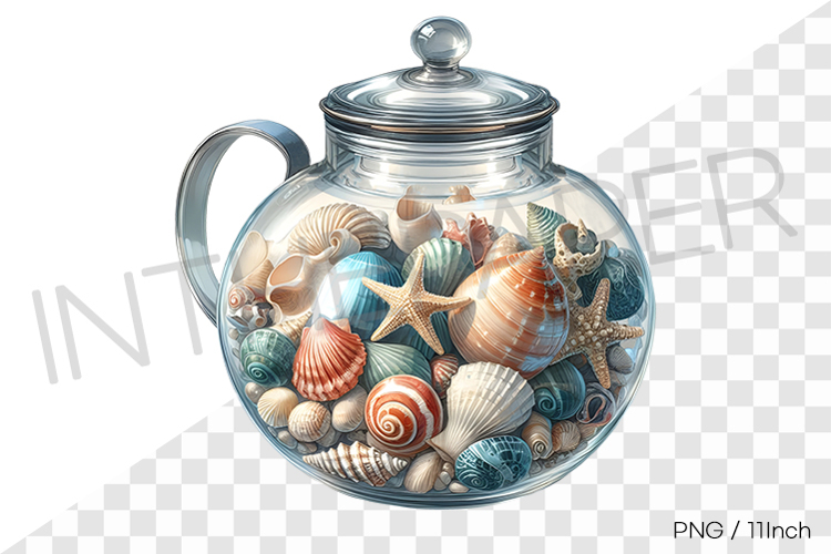 Round jar with handle and glass lid shell PNG summer clipart