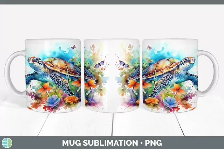 Watercolor Sea Turtle Mug Wrap Sublimation Coffee Cup Design