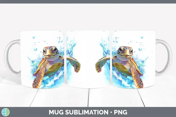 Watercolor Sea Turtle Mug Wrap Sublimation Coffee Cup Design