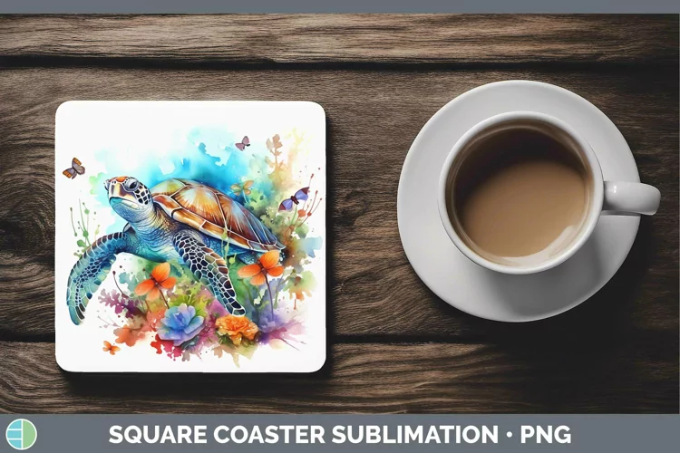 Watercolor Sea Turtle Square Coaster Sublimation Coaster Des