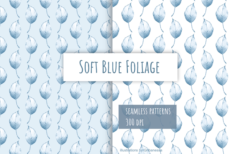 2 Watercolor Blue Leaf Seamless Patterns Digital Paper