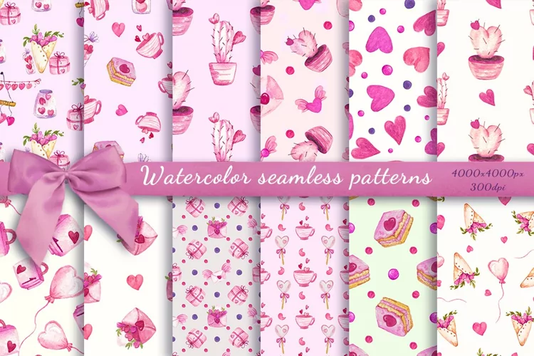 Watercolor romantic seamless patterns