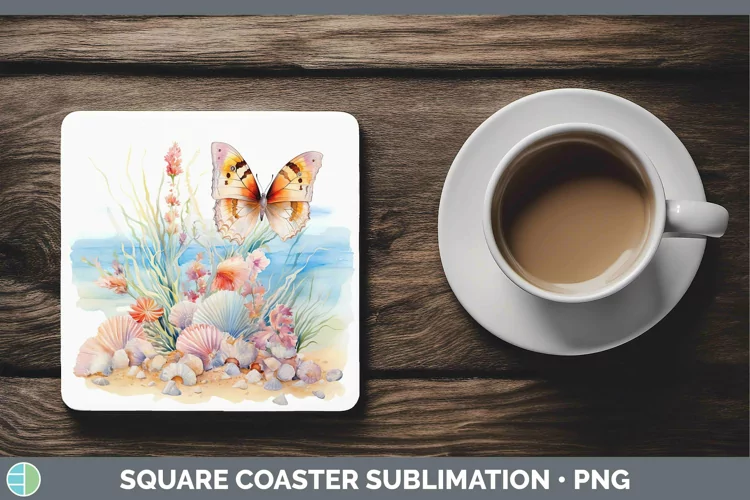 Watercolor Seashell Square Coaster | Sublimation Coaster Des
