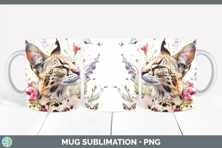 Watercolor Serval Cat Mug Wrap Sublimation Coffee Cup Design