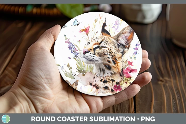 Watercolor Serval Cat Round Coaster Sublimation Coaster Desi