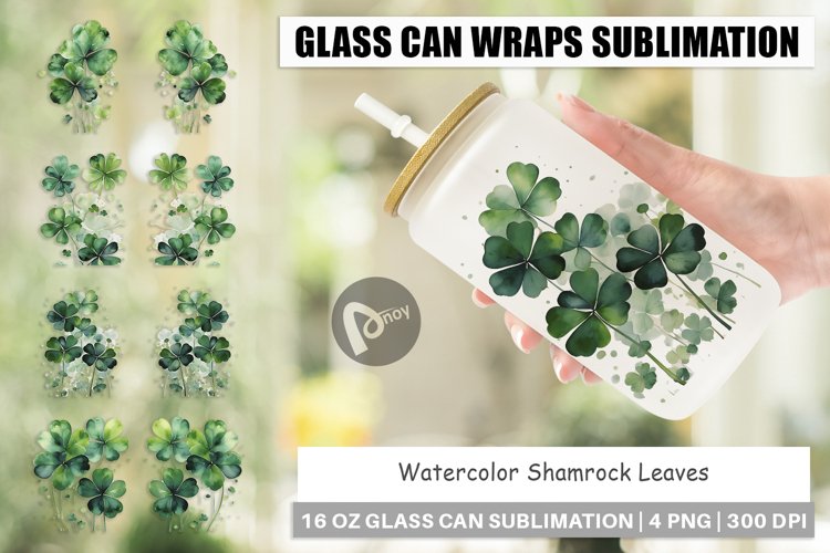 Glass Can Wraps Watercolor Shamrock Leaves