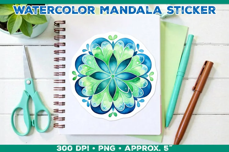 Watercolor Shamrock Mandala Sticker in Blue and Green