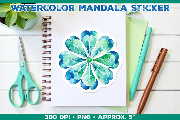 Watercolor Shamrock Mandala Sticker in Blue and Green