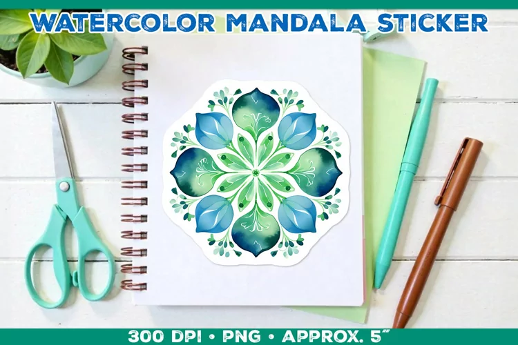 Watercolor Shamrock Mandala Sticker in Blue and Green