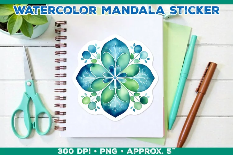Watercolor Shamrock Mandala Sticker in Blue and Green