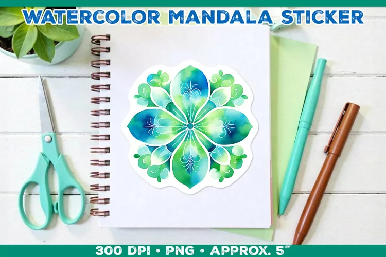 Watercolor Shamrock Mandala Sticker in Blue and Green