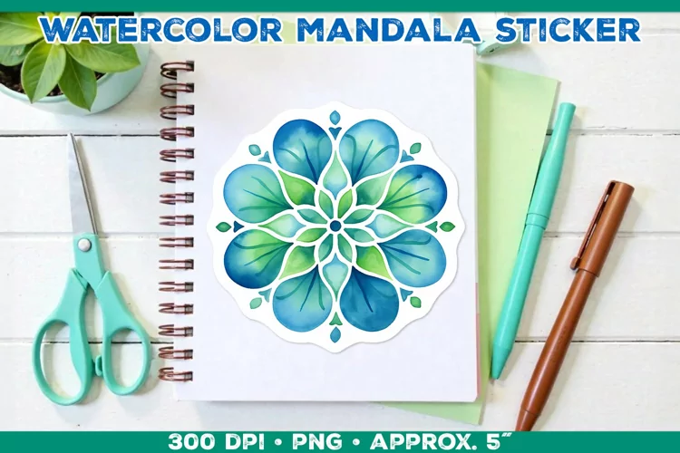 Watercolor Shamrock Mandala Sticker in Blue and Green