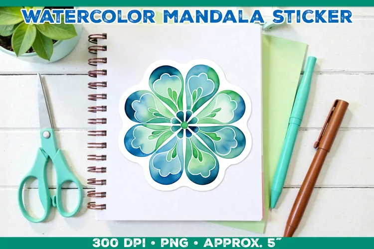 Watercolor Shamrock Mandala Sticker in Blue and Green