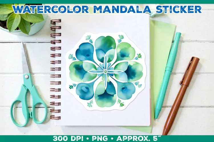 Watercolor Shamrock Mandala Sticker in Blue and Green
