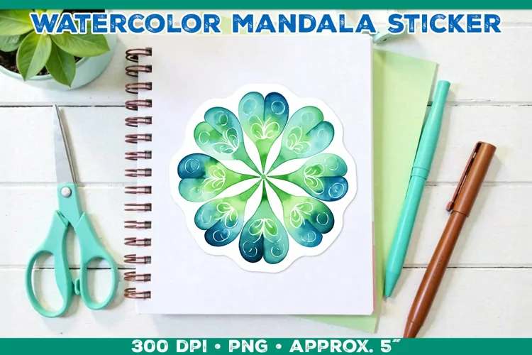 Watercolor Shamrock Mandala Sticker in Blue and Green