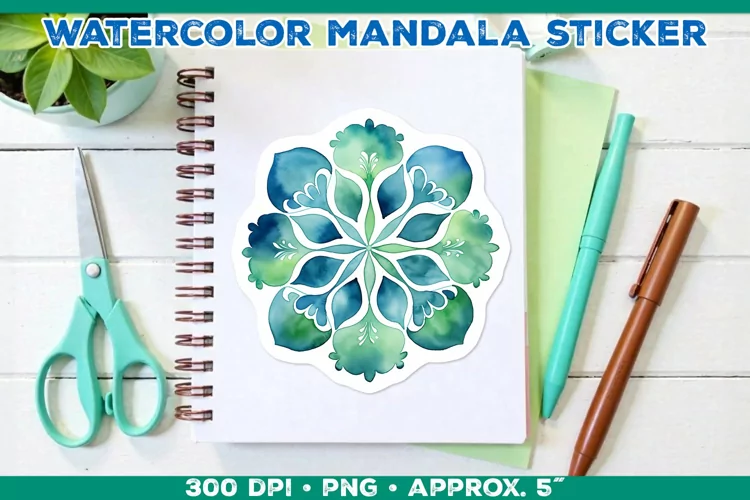 Watercolor Shamrock Mandala Sticker in Blue and Green