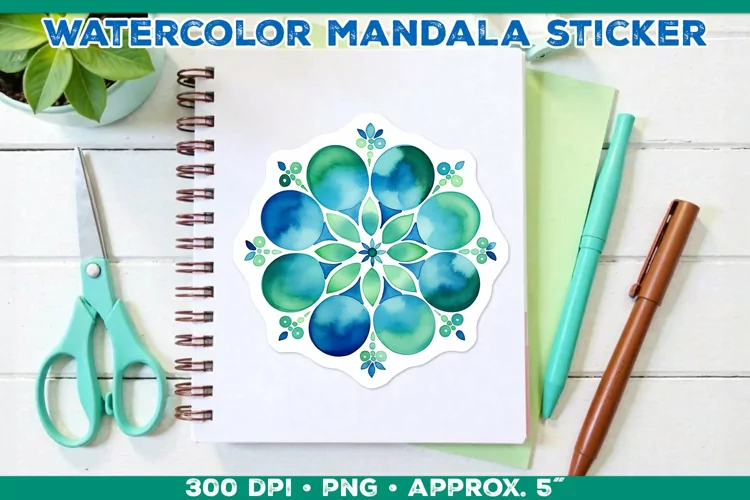 Watercolor Shamrock Mandala Sticker in Blue and Green