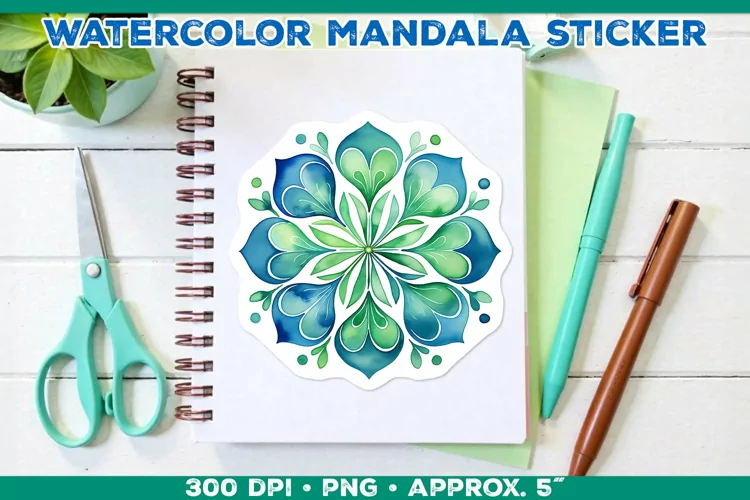 Watercolor Shamrock Mandala Sticker in Blue and Green