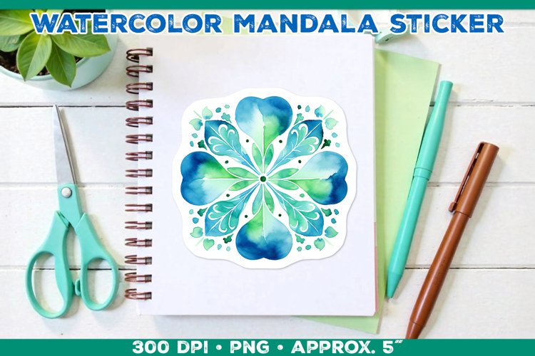Watercolor Shamrock Mandala Sticker in Blue and Green