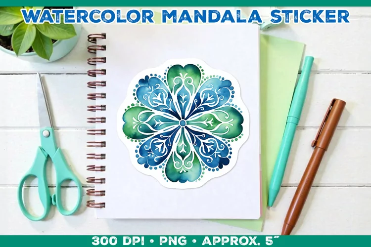 Watercolor Shamrock Mandala Sticker in Blue and Green