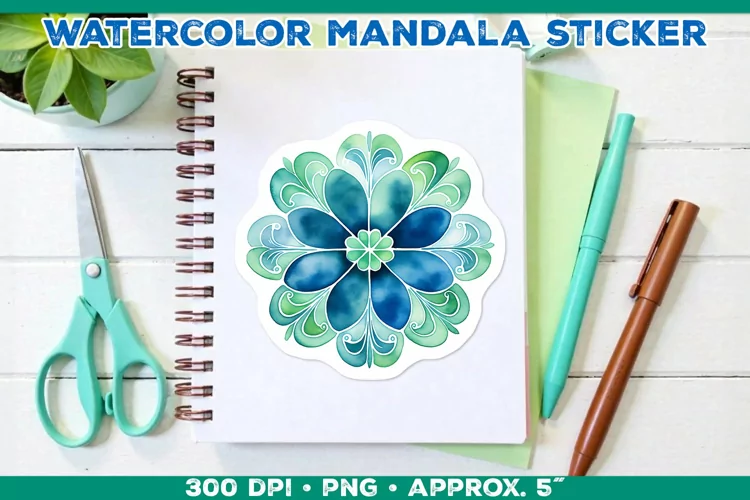 Watercolor Shamrock Mandala Sticker in Blue and Green