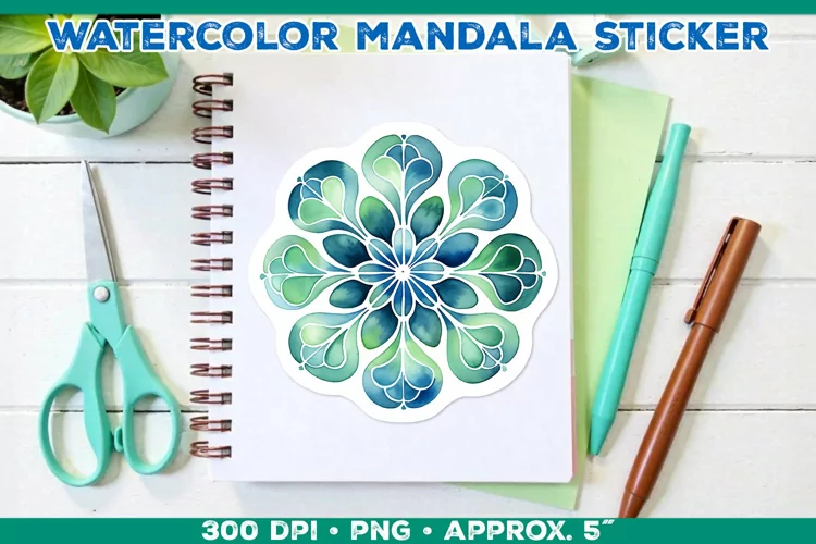 Watercolor Shamrock Mandala Sticker in Blue and Green