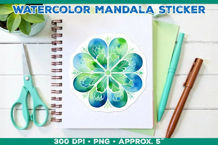 Watercolor Shamrock Mandala Sticker in Blue and Green
