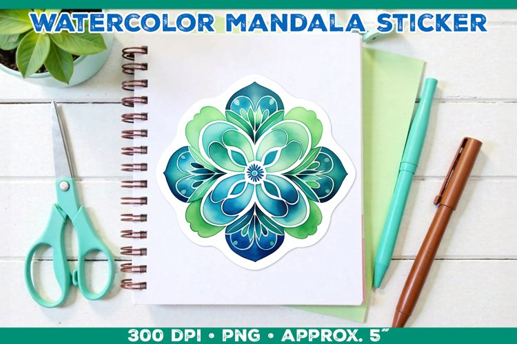 Watercolor Shamrock Mandala Sticker in Blue and Green