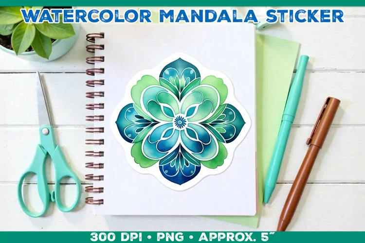 Watercolor Shamrock Mandala Sticker in Blue and Green