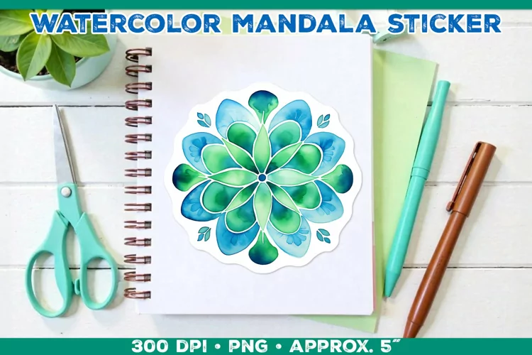 Watercolor Shamrock Mandala Sticker in Blue and Green