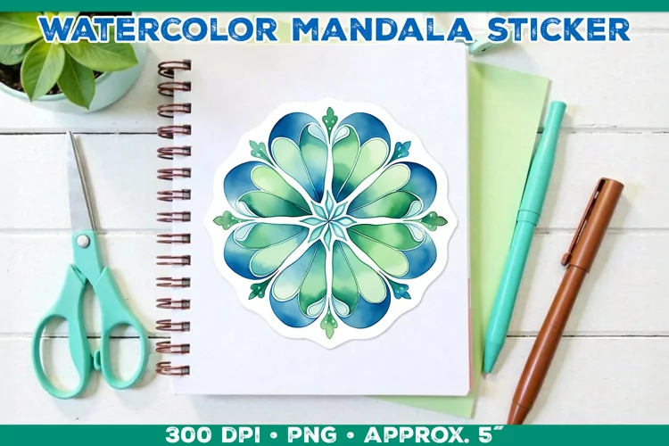 Watercolor Shamrock Mandala Sticker in Blue and Green
