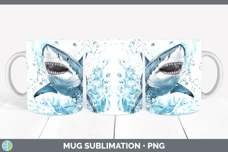 Watercolor Shark Mug Wrap Sublimation Coffee Cup Designs