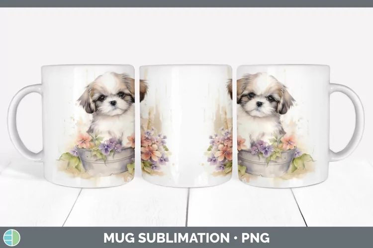 Watercolor Shih Tzu Dog Mug Wrap | Sublimation Coffee Cup De