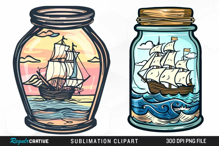 Watercolor Ship At The Sea In A Jar Clipart