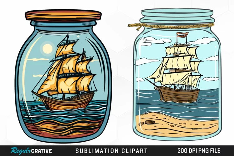 Watercolor Ship At The Sea In A Jar Art Clipart